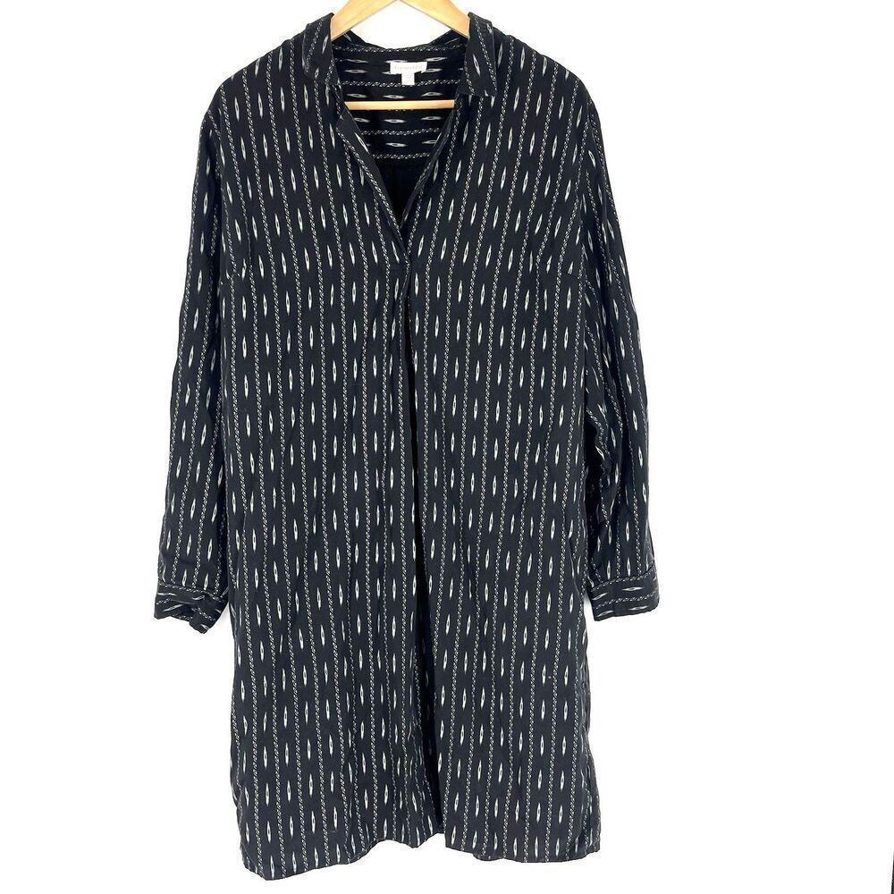 Garnett Hill Modern Tencel Shirt Dress Size Large Womens Black Tribal Print